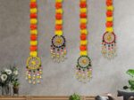 Tiny Shiny Artificial Marigold Fluffy Flowers Garland String with Bells Ring Pom Pom Rajasthani Wall Door Hanging Latkans Handmade Toran for Diwali Home Wedding Festival Decoration
