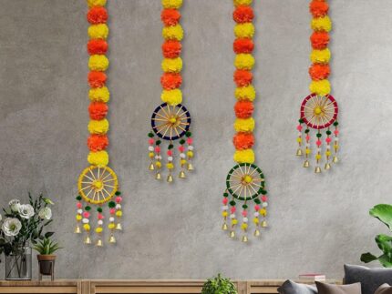 Tiny Shiny Artificial Marigold Fluffy Flowers Garland String with Bells Ring Pom Pom Rajasthani Wall Door Hanging Latkans Handmade Toran for Diwali Home Wedding Festival Decoration
