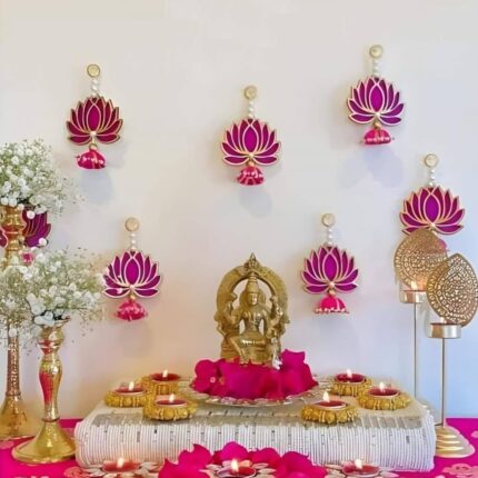Tiny Shiny Handmade Decorative Lotus Wall Hangings with Pearl Beads, Pink and Gold, Set of 6 for Home Decor,Diwali Decor,Wedding and All Festival Decor Perfect for Temple/Pooja...