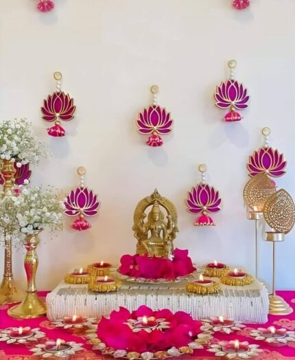 Tiny Shiny Handmade Decorative Lotus Wall Hangings with Pearl Beads, Pink and Gold, Set of 6 for Home Decor,Diwali Decor,Wedding and All Festival Decor Perfect for Temple/Pooja...