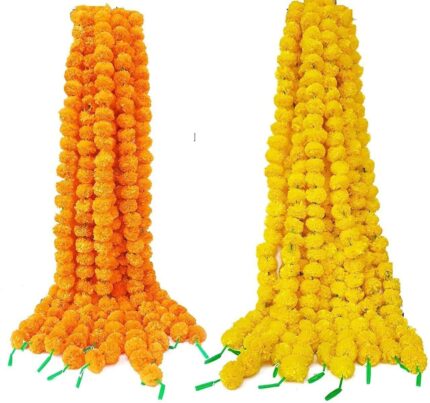 Tiny Shiny Artificial Marigold Flower Garlands, Orange and Yellow, 5 Feet Long, 10 Pc Pack Traditional Decoration, Festival Decoration
