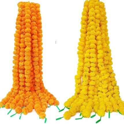Tiny Shiny Artificial Marigold Flower Garlands, Orange and Yellow, 5 Feet Long, 10 Pc Pack Traditional Decoration, Festival Decoration