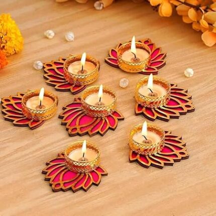 Tiny Shiny Decorative Lotus Tealight Candle Holder Set, Gold Metal and Pink Wood, Diwali Decoration/Gift for Home Decor, Diwali Decor, Wedding, 9 cm x 2 cm, Pack of 7