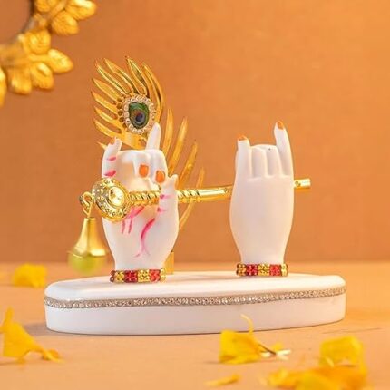 tiny shiny Marble Krishna Hand with Flute & Mor Pankh | Krishnaji Divine Hands Idol with Flute and Peacock Feather | Krishna Statue for Car Dashboard & Home Living Room Décor...