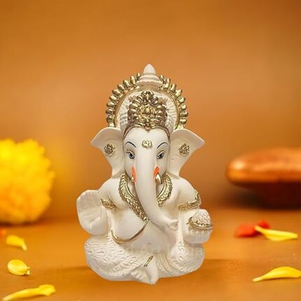 tiny shiny Finish Ganesha Idol Car Dashboard Idol for Home Decor Puja Lord Ganesh Statue Gift for Office Desk Puja Living Room Figurine, Peach Ivory, Resin