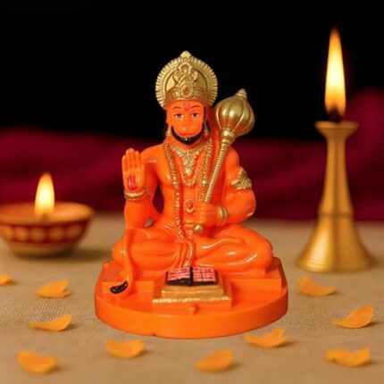 tiny shiny Hanuman Ji Murti Idol Blessing with Gada Sitting | Balaji Bajrangbali Sankat Mochan Bhagwan for Temple Car Dashboard Home Decor Statue Gifts Home Pooja, Orange, Resin