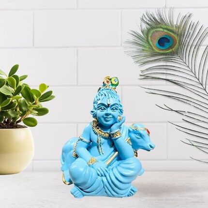 tiny shiny Bal Gopal with Cow Murti Statue | Laddu Gopal Statue for Car Deshboard | | Bal Krishna Idol for Home Pooja Living Room Decorative Items for Home/Office, Blue, Resin